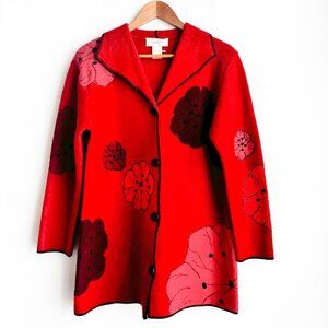 Karen Scott Red FLoral Boiled Wool Cardigan Jacket M